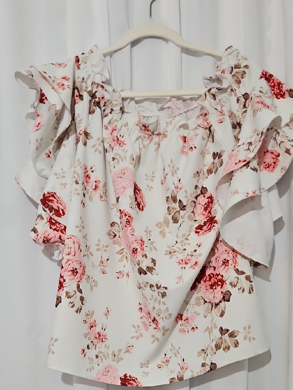 Leasty's Ivory Rose Floral Off-Shoulder Ruffle Tier Sleeve Cottagecore Blouse-XL